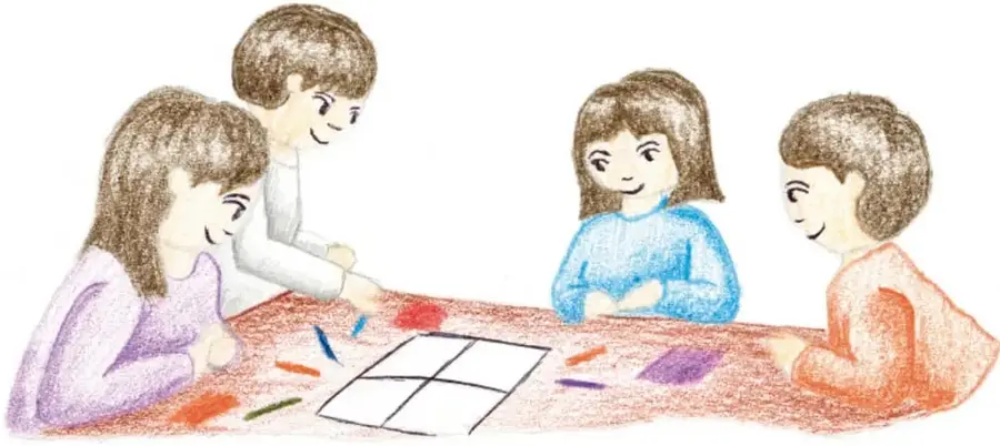 Ilustración de cuatro estudiantes sentados alrededor de una mesa, dibujando y coloreando una hoja dividida en cuatro partes iguales.