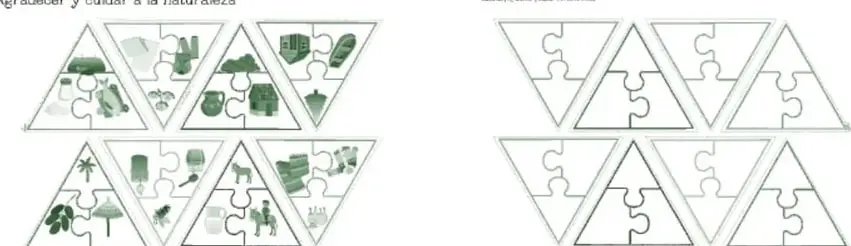 Recortables 'Agradecer y cuidar a la naturaleza': a la izquierda, rompecabezas triangulares armados con imágenes (árboles y madera, cocinera con utensilios, palma con abanico, cocodrilo, entre otros); a la derecha, las mismas piezas en blanco para que el alumnado dibuje sus propias asociaciones.