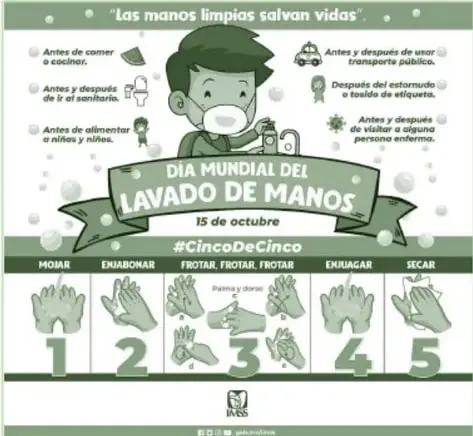 Infografía «Las manos limpias salvan vidas», Día Mundial del Lavado de Manos, 15 de octubre, #CincoDeCinco: niño con cubrebocas y cinco ilustraciones numeradas de mojar, enjabonar, frotar-frotar-frotar, enjuagar y secar, con momentos clave de higiene.