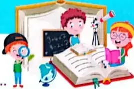 Ilustración de niños escribiendo y trabajando con libros.