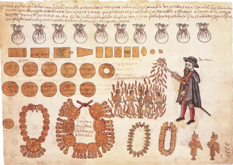 Documento colonial en pergamino con texto en español, filas de bolsas de grano o dinero, monedas circulares, collares de oro, y escena de un europeo frente a indígenas en llamas; posiblemente ordenanzas coloniales y sistemática de castigo.