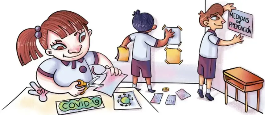 Ilustración de tres estudiantes elaborando el periódico mural: una niña recorta con tijeras sobre una mesa con carteles 'COVID-19' y un microbio; un niño pega hojas en el muro; otro niño coloca el cartel 'MEDIDAS DE PREVENCIÓN'. Crédito: Lavinia Cabrera Sandoval, TAMSÉ.