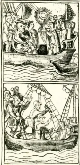Grabado histórico europeo en dos registros: en la parte superior, europeos en un barco frente a indígenas con la leyenda "adies: ya veyinte de fus enemygos"; en la inferior, indígenas en una canoa junto a una embarcación europea, representando el primer contacto.