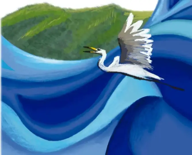 Ilustración de un gran oleaje azul en espirales con garzas blancas volando y una familia de delfines saltando entre las olas, con un fondo verde de costa. Firma: Beatriz Santa Martinez Zúñiga, Ilustración #41529.
