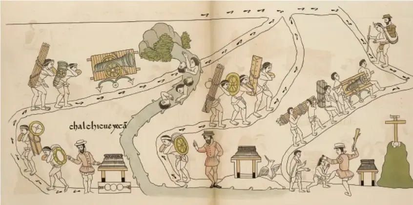 Ilustración colonial que muestra un camino con indígenas cargando bultos, españoles supervisando, construcciones y un paisaje con vegetación.