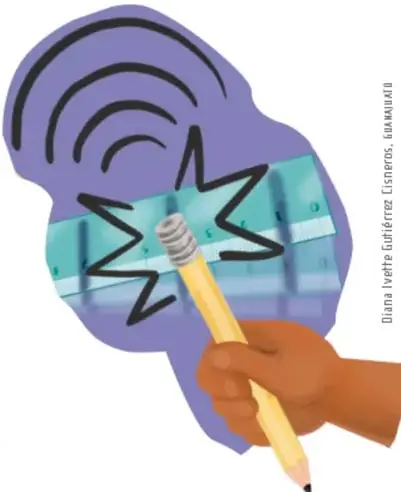 Ilustración de una mano que sujeta una regla contra una superficie mientras otra mano golpea la regla con el casquillo metálico de un lápiz; alrededor se dibujan ondas de sonido y destellos que representan el sonido producido.