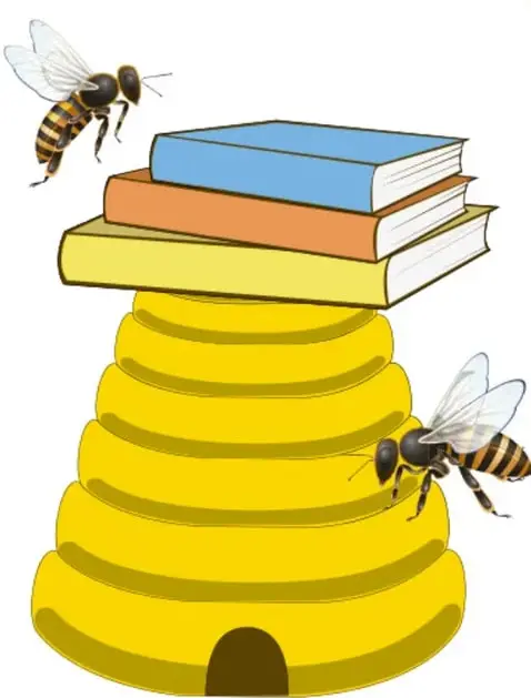 Ilustración de una colmena amarilla con forma de abeja (dos abejas volando) sosteniendo una pila de libros de colores.