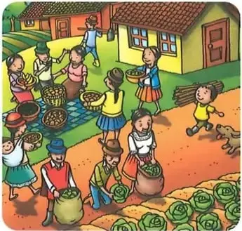 Ilustración de niños y adultos refugiados que conviven y realizan actividades en un albergue.