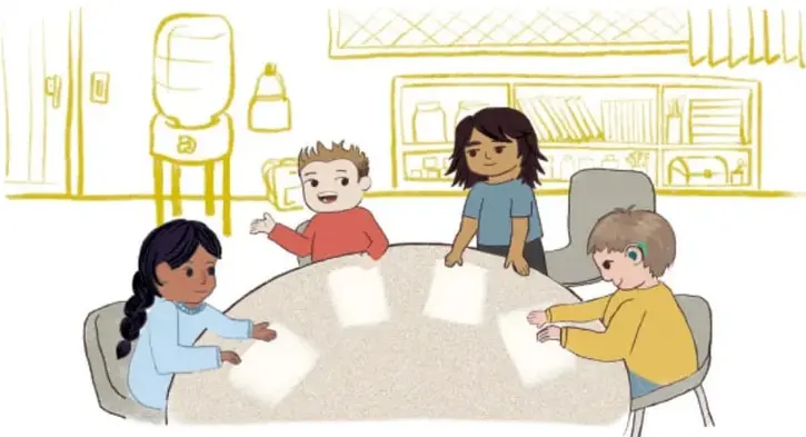 Ilustración de cuatro estudiantes sentados alrededor de una mesa redonda dialogando en asamblea, con estantes y un garrafón de agua al fondo.