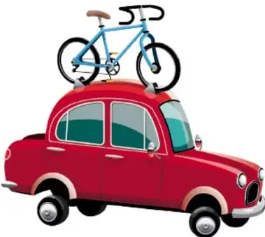 Ilustración de un auto rojo con una bicicleta azul sobre el techo, usada para ejemplificar las reglas de uso de la coma.