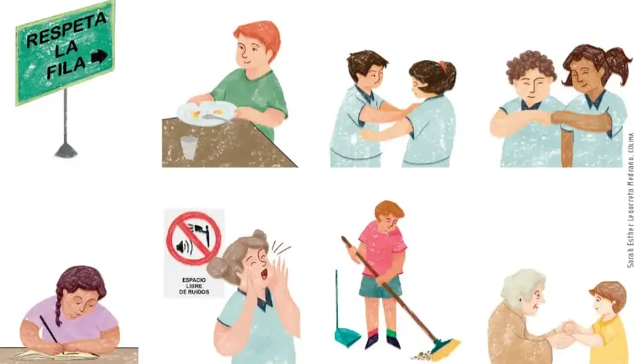 Ocho ilustraciones: letrero 'RESPETA LA FILA'; niño ayudando con su plato; dos niños empujándose; dos niñas enojadas; niña estudiando; niña gritando junto a letrero 'ESPACIO LIBRE DE RUIDOS' con señal de silencio; niño barriendo; niño abrazando a su abuelo. Crédito: Sarah Esther Legorreta Medrano, COLMNA.
