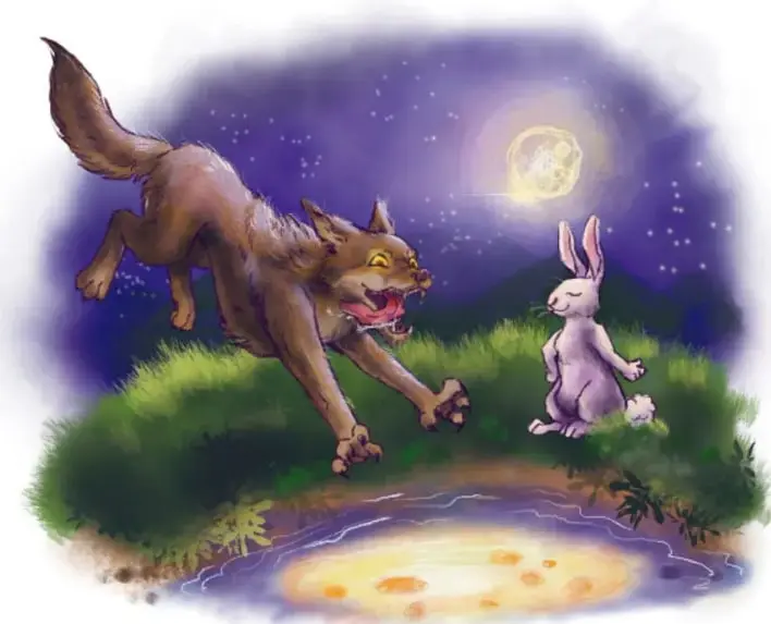 Ilustración de un lobo persiguiendo a un conejo bajo la luz de la luna, junto a un charco iluminado. Crédito: Diana Anahl Sainz Villarreal, BAJA CALIFORNIA.