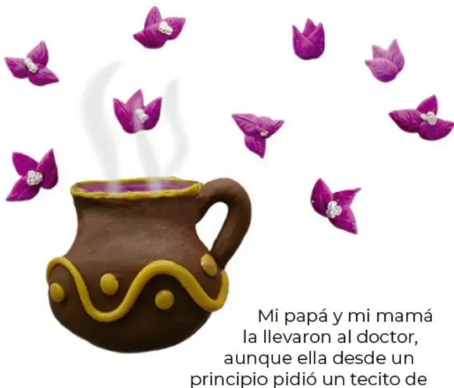 Figura de plastilina de una abuela de cabello azul claro, sentada en una silla, tosiendo con la mano en la boca; a su lado las palabras 'cof, cof, cof, cof' en letras naranjas.