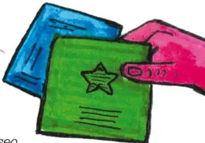 Ilustración de manos sosteniendo papeletas de colores con una estrella, relacionada con el buzón de opiniones.