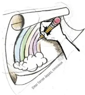 Ilustración de un arcoíris dibujado en una cartulina con un lápiz, como modelo para la actividad.