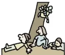 Ilustración de una familia sentada a la sombra de un árbol, con flores colgando.