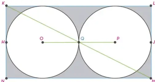 Figura geométrica con un rectángulo KNML que contiene dos círculos inscritos tangentes entre sí y a los lados del rectángulo. Se muestra la diagonal KM y la región sombreada entre los círculos y el rectángulo.