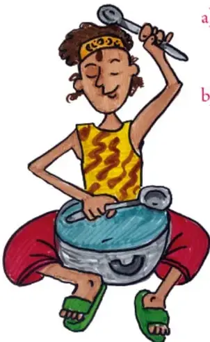 Ilustración de una persona sentada tocando un tambor con baquetas, con los ojos cerrados y expresión de concentración.