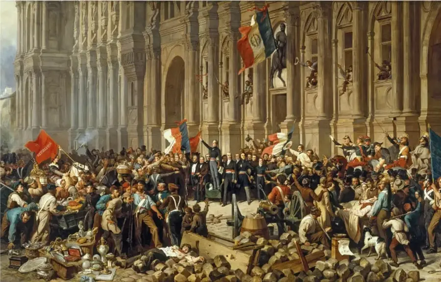 Pintura histórica de estilo academicista que representa una escena revolucionaria del siglo XIX frente a un edificio monumental de columnas. Se observan barricadas de piedra, ciudadanos armados, banderas tricolores francesas, un personaje central que proclama la república y un perro blanco en primer plano. Simboliza el triunfo de la burguesía y el pueblo sobre el orden monárquico.