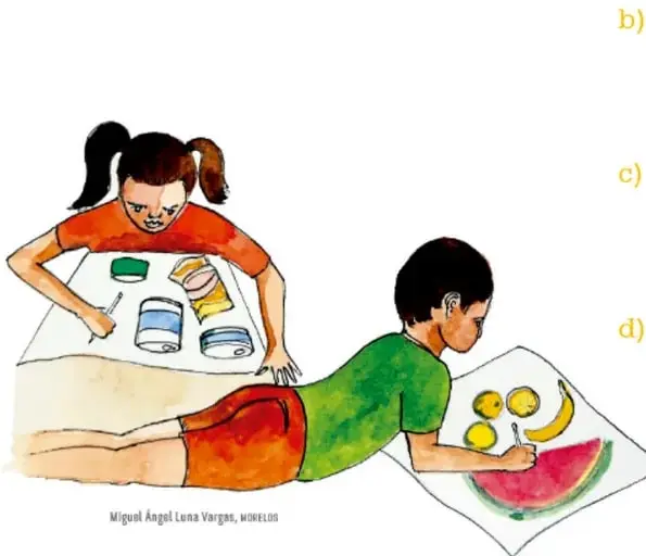 Ilustración de una niña y un niño trabajando en una mesa con alimentos y una hoja de cálculo.