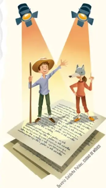Ilustración de dos personajes sobre un libro abierto bajo reflectores teatrales.