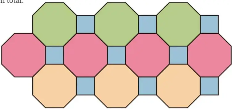 Vitral formado por octágonos regulares de colores (verde, rosa, naranja) y cuadrados azules en los espacios entre ellos.