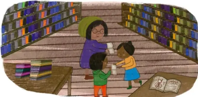Ilustración de una biblioteca con estantes llenos de libros; una maestra y dos niños intercambian libros.