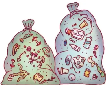 Ilustración de dos bolsas de basura: una verde con restos orgánicos (cáscaras, hojas) y una gris con residuos inorgánicos (botellas, latas, papel). Crédito: Karina Eréndira Pérez Olmos, Michoacán.