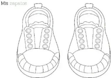 Plantilla 'Mis zapatos' con el dibujo en blanco y negro de un par de tenis, cada uno con cuatro círculos (orificios) a cada lado de la lengüeta, listos para perforar y ensartar el cordón.