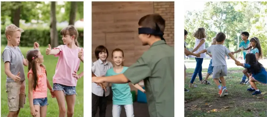 Niños y niñas jugando al aire libre, uno da pulgar arriba.