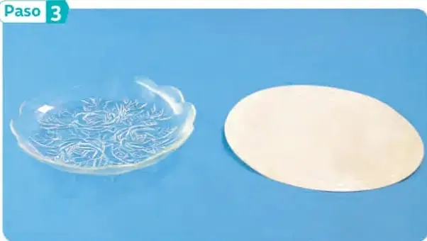 Fotografía sobre fondo celeste: a la izquierda un plato de vidrio con agua y a la derecha un plato u objeto blanco colocado al lado.