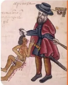 Ilustración del Códice Kingsborough que muestra a un español con sombrero y capa, acompañado de un perro, junto a un indígena desnudo y atado.