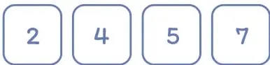 Cuatro tarjetas con los dígitos 2, 4, 5 y 7 para formar un número de dos dígitos.