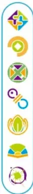 Columna vertical con siete iconos redondeados, uno por eje: Inclusión (mosaico multicolor), Pensamiento crítico (espiral), Interculturalidad crítica (rueda de cuatro colores), Igualdad de género (dos espirales unidas), Vida saludable (hoja/brote), Apropiación de las culturas por lectura y escritura (libro abierto de colores), Artes y experiencias estéticas (corona de flores).