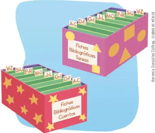 Dos ficheros ilustrados (morado y rojo) con pestañas alfabéticas A-C a V-Z, etiquetados «Fichas Bibliográficas: Tareas» y «Fichas Bibliográficas: Cuentos». Ilustración de Herenia González Zúñiga, Ciudad de México.