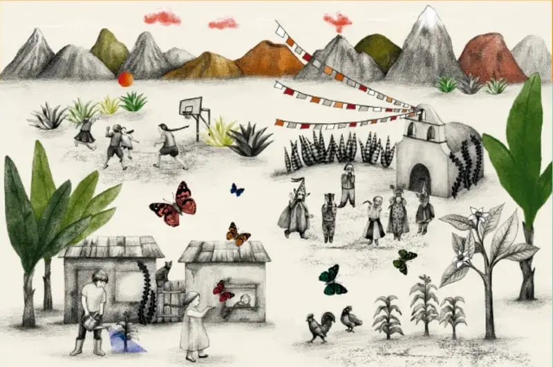 Ilustración a lápiz y color de una comunidad rural mexicana: montañas al fondo, un campo de cultivo, una cancha de básquetbol, casas de adobe, una iglesia, personas con vestimenta tradicional, mariposas, gallinas y árboles. En la parte superior cuelgan banderines de papel picado.