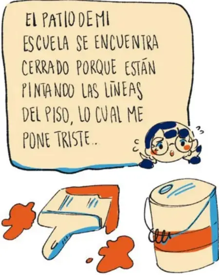 Ilustración de dos niños, Juan y Hatziri, en las canchas de la escuela con un aro de básquetbol, un balón y estrellas; un recuadro dice: Juan invitó a Hatziri a jugar en las canchas de la escuela.