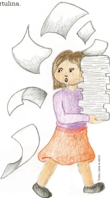Ilustración de una niña de cabello castaño con suéter morado y falda naranja que carga una pila de hojas de papel, rodeada de hojas sueltas que parecen volar.