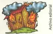 Edificación o estructura en llamas, relacionada con un incendio.