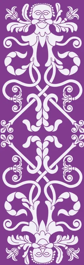 Ilustración decorativa vertical en color morado con motivos florales y geométricos simétricos, inspirados en arte tradicional mexicano, con dos rostros estilizados en los extremos superior e inferior.