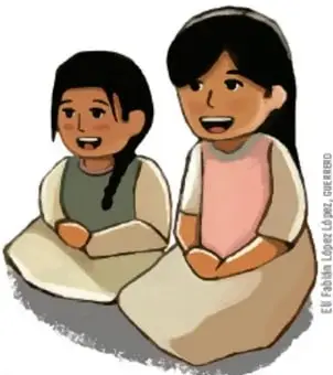 Ilustración de dos niñas sentadas conversando y sonriendo, representando la convivencia en la comunidad de aula.