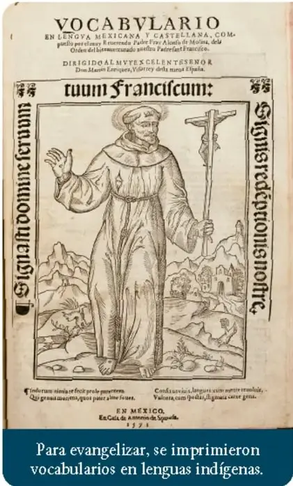 Portada del Vocabulario en lengua mexicana y castellana de Alonso de Molina (México, 1555), con la imagen de un fraile franciscano sosteniendo una cruz.