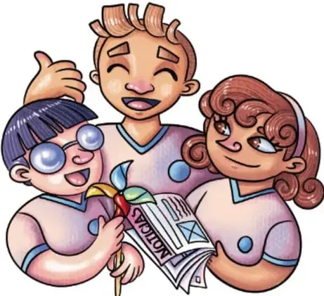 Tres estudiantes sonrientes: uno levanta el pulgar, otro sostiene un rehilete y una estudiante abre un periódico con la palabra 'Solución'.