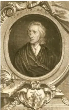 Retrato grabado de un pensador ilustrado (probablemente John Locke) dentro de un marco ovalado decorado con motivos clásicos.