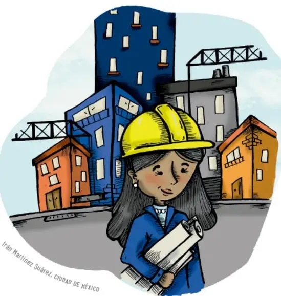Ilustración de una ingeniera o arquitecta con casco amarillo y planos en la mano, frente a edificios en construcción con una grúa.