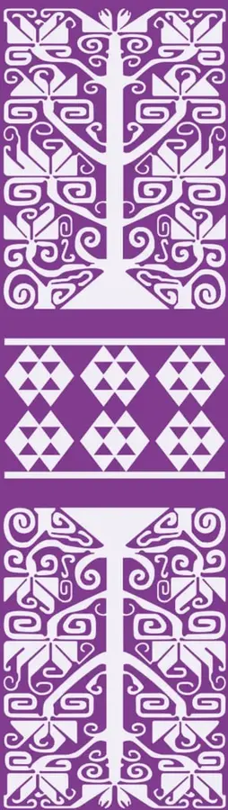 Franja vertical morada con patrones geométricos blancos inspirados en textiles indígenas: figuras romboidales y motivos simétricos que evocan la cosmovisión de los pueblos originarios.