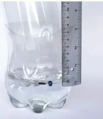 Botella con agua y una regla graduada al lado, mostrando el nivel de desplazamiento.