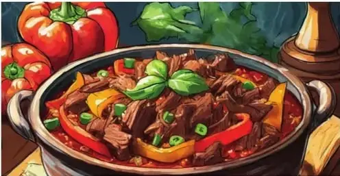 Ilustración de una olla con Ropa Vieja: carne desmechada con pimientos rojo, amarillo y verde.