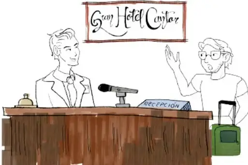 Ilustración de la recepción del Gran Hotel Cantor. Un recepcionista de traje está detrás del mostrador con un micrófono; frente a él, un huésped con lentes y una maleta verde levanta la mano. Sobre el mostrador hay un letrero que dice «Gran Hotel Cantor» y un cartel pequeño que dice «Recepción». Créditos: Citlali González Tapia y Daniela Estrello Montero.