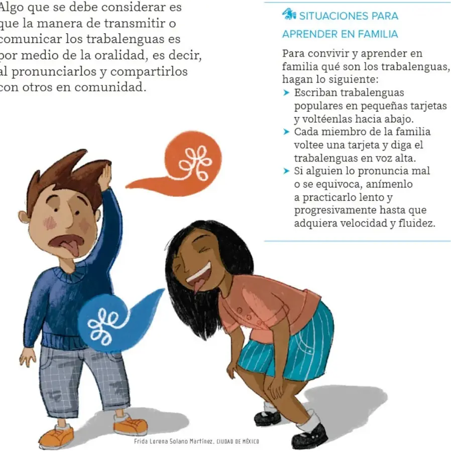 Ilustración de dos niños riendo y practicando trabalenguas, con globos de diálogo que contienen dibujos de lenguas enredadas; crédito: Frida Lorena Solano Martínez, Ciudad de México.